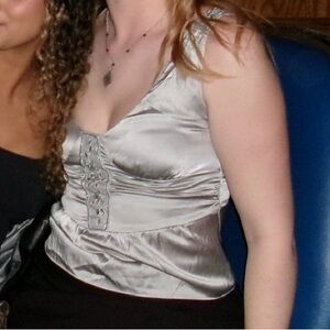 Silver Silk Camisole with intricate Beading Accents